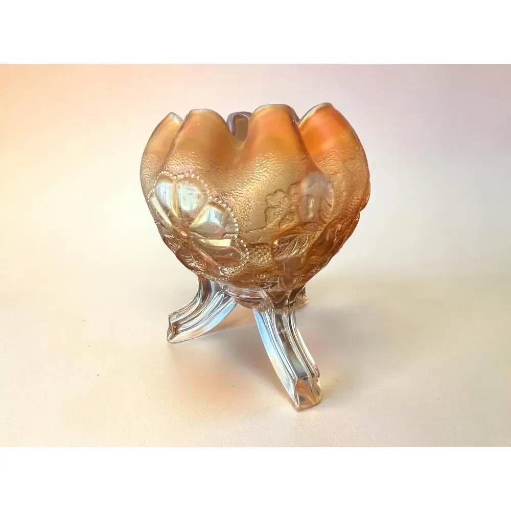 Vintage Northwood Daisy Plume Marigold Orange Carnival Glass Ruffled Rim Bowl